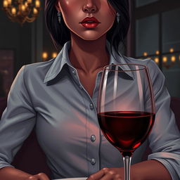 A close-up book cover illustration featuring a mysterious and sexy waitress in a fine dining setting, exuding sexual tension