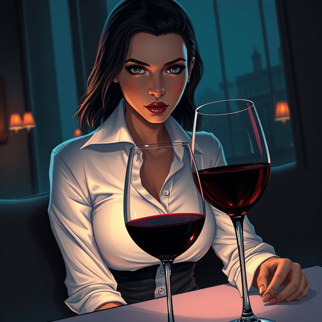 A close-up book cover illustration featuring a mysterious and sexy waitress in a fine dining setting, exuding sexual tension