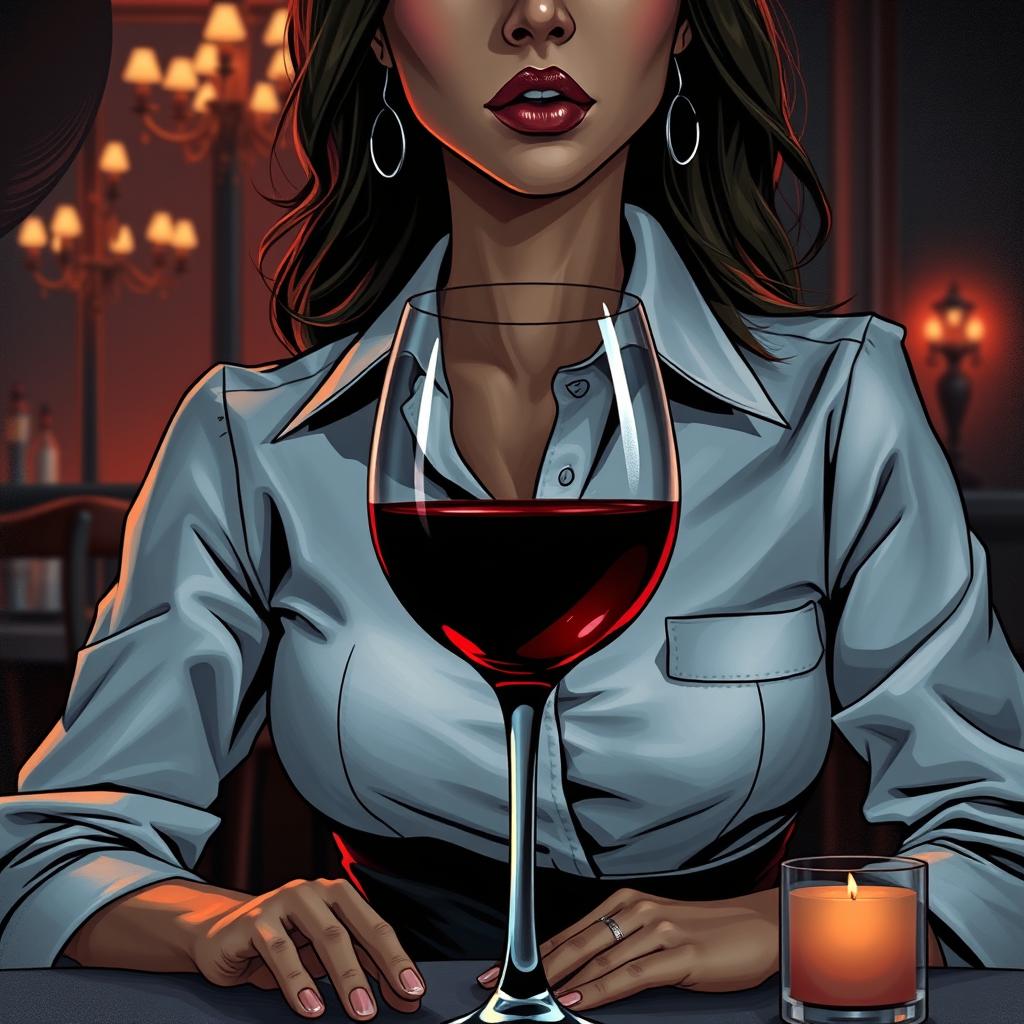 A close-up book cover illustration featuring a mysterious and sexy waitress in a fine dining setting, exuding sexual tension