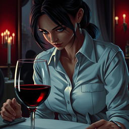 A close-up book cover illustration featuring a mysterious and sexy waitress in a fine dining setting, exuding sexual tension
