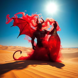 An awe-inspiring dark-red djinn, muscular and imposing, rises from an elegantly designed, colorful bottle, manifesting as a billowing fog in the expansive desert