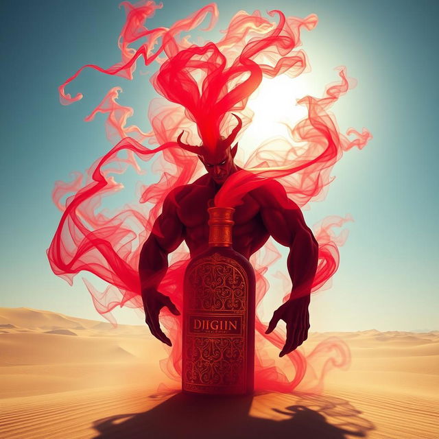 An awe-inspiring dark-red djinn, muscular and imposing, rises from an elegantly designed, colorful bottle, manifesting as a billowing fog in the expansive desert