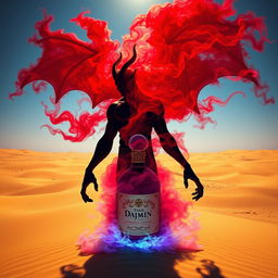 An awe-inspiring dark-red djinn, muscular and imposing, rises from an elegantly designed, colorful bottle, manifesting as a billowing fog in the expansive desert