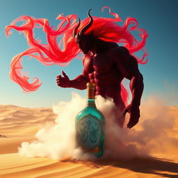 An awe-inspiring dark-red djinn, muscular and imposing, rises from an elegantly designed, colorful bottle, manifesting as a billowing fog in the expansive desert