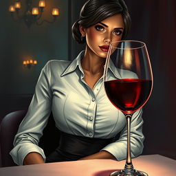 A captivating book cover illustration featuring a sexy waitress in a fine dining restaurant, radiating an aura of sexual tension