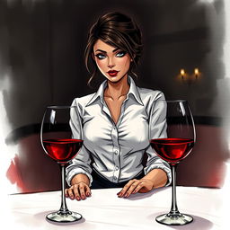 A captivating book cover illustration featuring a sexy waitress in a fine dining restaurant, radiating an aura of sexual tension