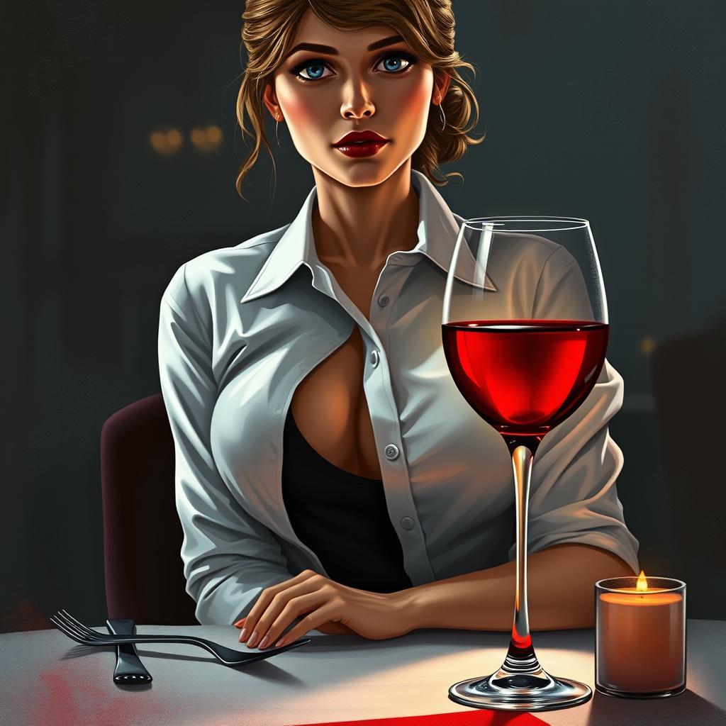 A captivating book cover illustration featuring a sexy waitress in a fine dining restaurant, radiating an aura of sexual tension