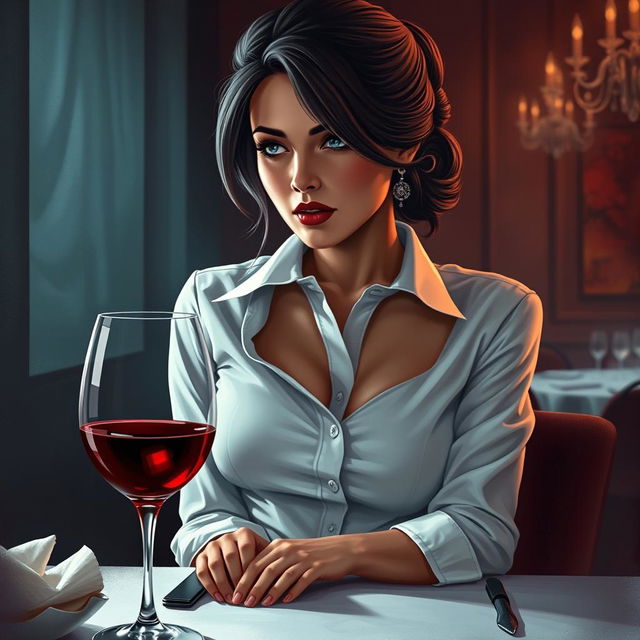 A captivating book cover illustration featuring a sexy waitress in a fine dining restaurant, radiating an aura of sexual tension