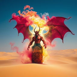 An imposing dark-red djinn, muscular and formidable, emerges dramatically from a beautifully crafted, colorful bottle, transforming into an enchanting fog in the midst of a vast desert