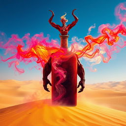 An imposing dark-red djinn, muscular and formidable, emerges dramatically from a beautifully crafted, colorful bottle, transforming into an enchanting fog in the midst of a vast desert