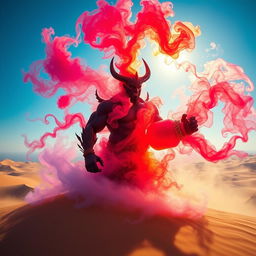 An imposing dark-red djinn, muscular and formidable, emerges dramatically from a beautifully crafted, colorful bottle, transforming into an enchanting fog in the midst of a vast desert