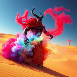 An imposing dark-red djinn, muscular and formidable, emerges dramatically from a beautifully crafted, colorful bottle, transforming into an enchanting fog in the midst of a vast desert