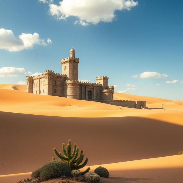 A majestic castle situated in a vast, golden desert landscape