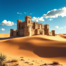 A majestic castle situated in a vast, golden desert landscape