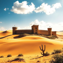A majestic castle situated in a vast, golden desert landscape