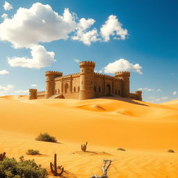 A majestic castle situated in a vast, golden desert landscape