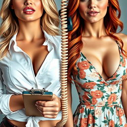 A split screen image featuring two stunning women in close-up torso shots