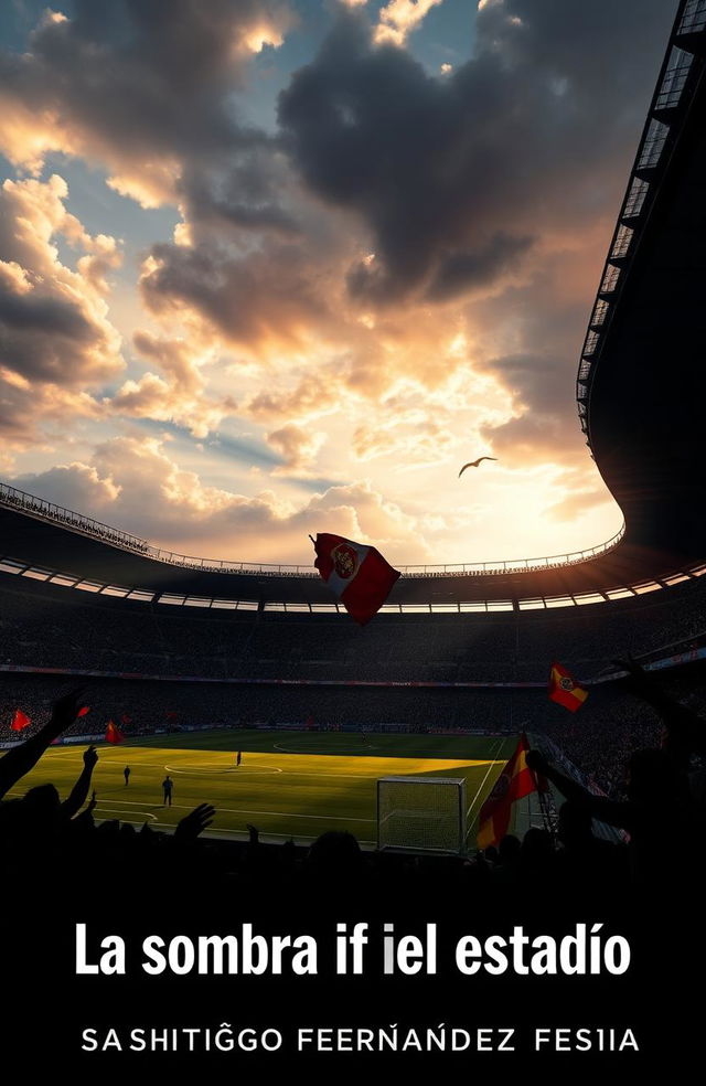 A picturesque stadium scene featuring a legendary football match inspired by Mario Alberto Kempes, with a dramatic sky casting shadows over the field