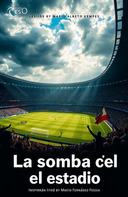 A picturesque stadium scene featuring a legendary football match inspired by Mario Alberto Kempes, with a dramatic sky casting shadows over the field