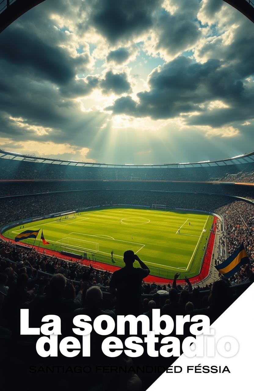 A picturesque stadium scene featuring a legendary football match inspired by Mario Alberto Kempes, with a dramatic sky casting shadows over the field