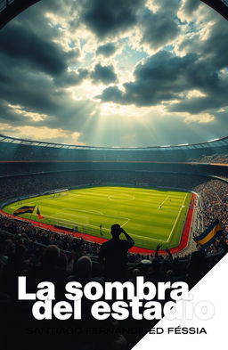 A picturesque stadium scene featuring a legendary football match inspired by Mario Alberto Kempes, with a dramatic sky casting shadows over the field