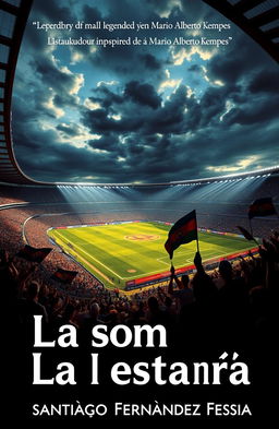 A picturesque stadium scene featuring a legendary football match inspired by Mario Alberto Kempes, with a dramatic sky casting shadows over the field