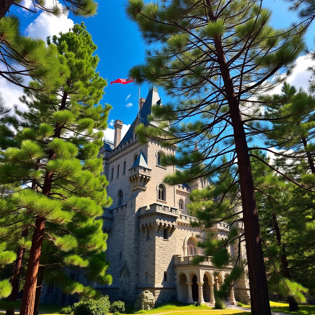 A majestic castle surrounded by tall, lush pine trees, with vibrant green needles and rich brown bark