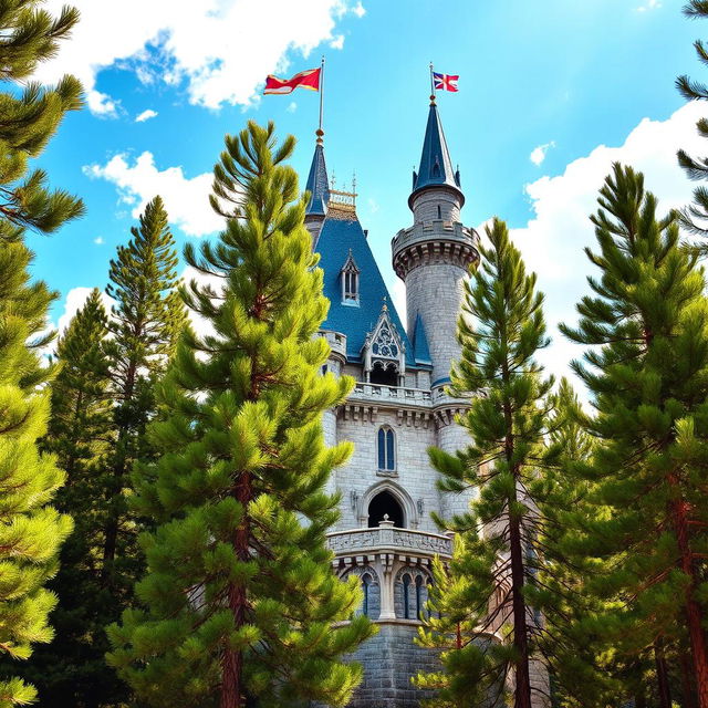 A majestic castle surrounded by tall, lush pine trees, with vibrant green needles and rich brown bark