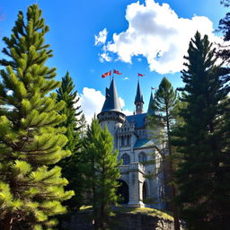 A majestic castle surrounded by tall, lush pine trees, with vibrant green needles and rich brown bark
