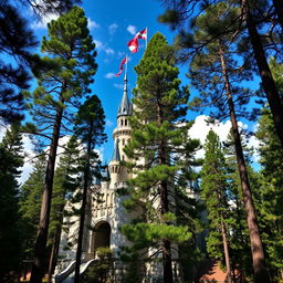 A majestic castle surrounded by tall, lush pine trees, with vibrant green needles and rich brown bark