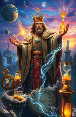 A fantastical scene depicting a royal figure manipulating time