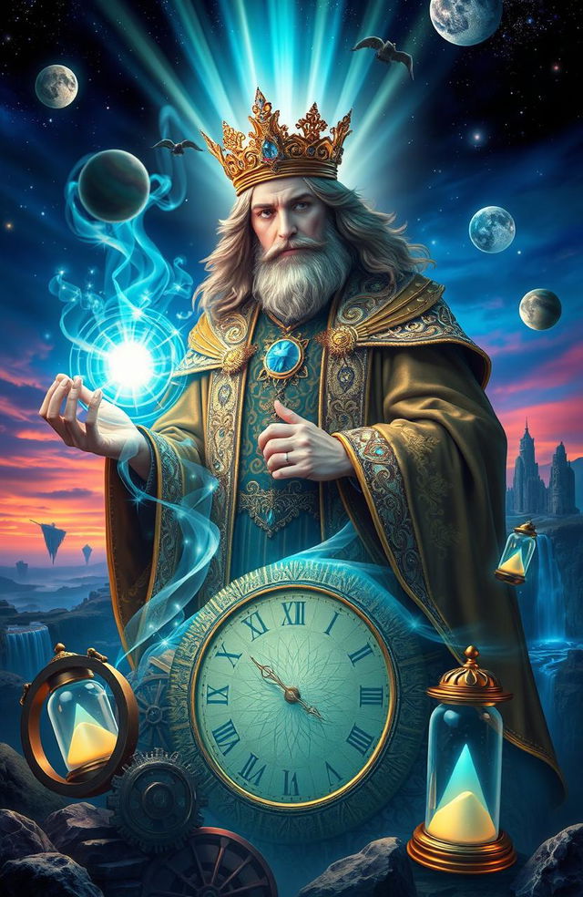 A fantastical scene depicting a royal figure manipulating time