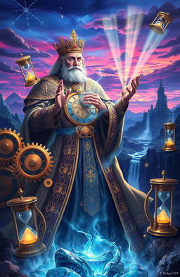 A fantastical scene depicting a royal figure manipulating time