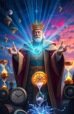 A fantastical scene depicting a royal figure manipulating time