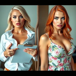 A split screen image featuring two close-up shots of gorgeous women