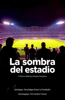 Capture a nighttime scene featuring a grand stadium illuminated by lights, with the iconic figure of Mario Alberto Kempes in the foreground
