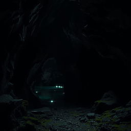A mysterious dark cave interior, jagged rock formations with shimmering reflections from hidden water pools, soft glowing crystals scattered along the walls, and deep shadows creating an eerie yet captivating atmosphere