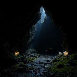 A mysterious dark cave interior, jagged rock formations with shimmering reflections from hidden water pools, soft glowing crystals scattered along the walls, and deep shadows creating an eerie yet captivating atmosphere