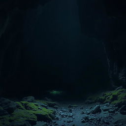 A mysterious dark cave interior, jagged rock formations with shimmering reflections from hidden water pools, soft glowing crystals scattered along the walls, and deep shadows creating an eerie yet captivating atmosphere