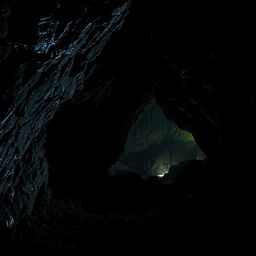 A mysterious dark cave interior, jagged rock formations with shimmering reflections from hidden water pools, soft glowing crystals scattered along the walls, and deep shadows creating an eerie yet captivating atmosphere