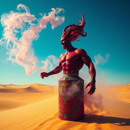 A striking dark-red djinn with a muscular build rises dramatically from a beautifully ornate, colorful bottle, swirling into a captivating fog that fills the air around him in the middle of an expansive desert