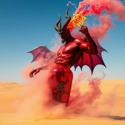 A striking dark-red djinn with a muscular build rises dramatically from a beautifully ornate, colorful bottle, swirling into a captivating fog that fills the air around him in the middle of an expansive desert