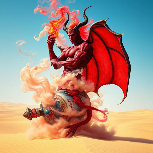 A striking dark-red djinn with a muscular build rises dramatically from a beautifully ornate, colorful bottle, swirling into a captivating fog that fills the air around him in the middle of an expansive desert