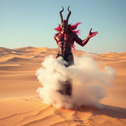 A powerful dark-red djinn with a muscular physique ascends dramatically from a beautifully ornate, colorful bottle, transforming into a swirling fog in the heart of a vast desert