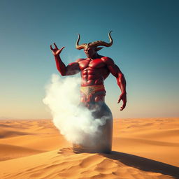 A powerful dark-red djinn with a muscular physique ascends dramatically from a beautifully ornate, colorful bottle, transforming into a swirling fog in the heart of a vast desert