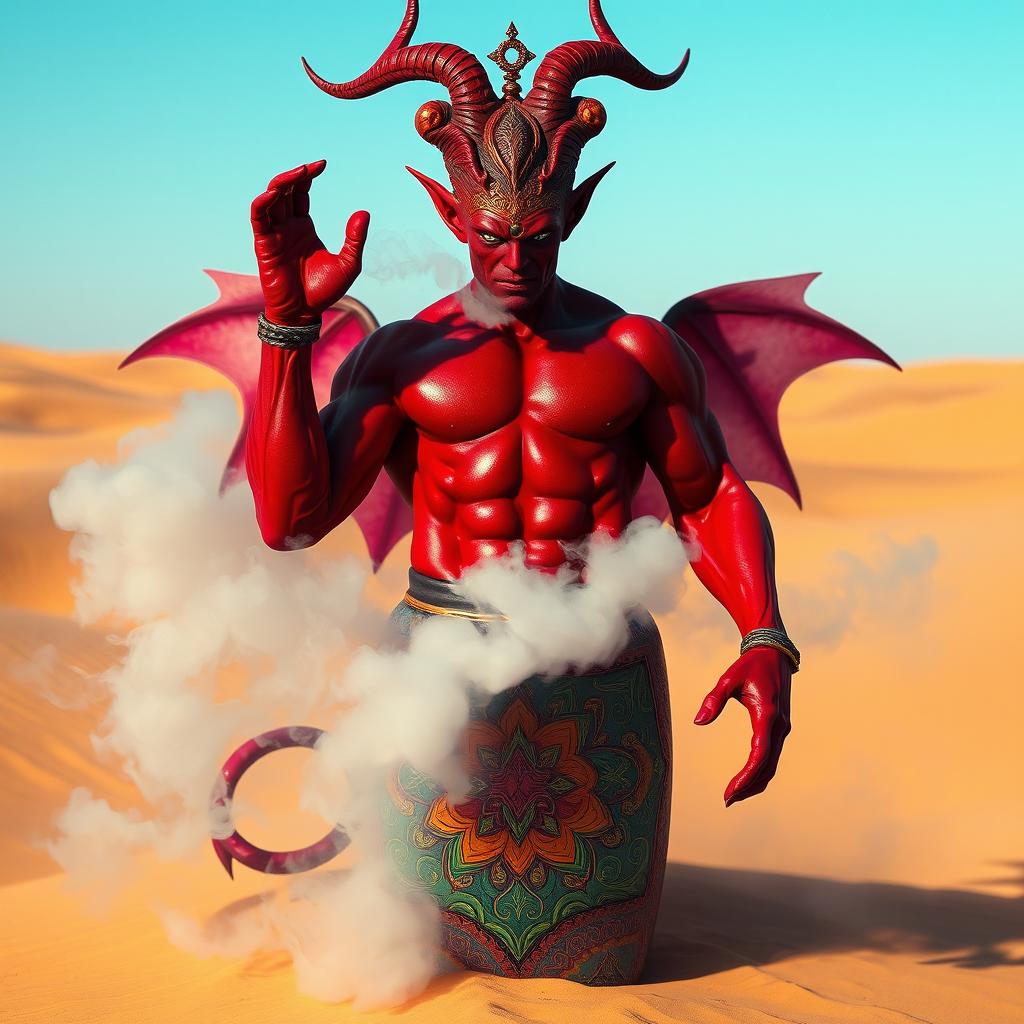 A powerful dark-red djinn with a muscular physique ascends dramatically from a beautifully ornate, colorful bottle, transforming into a swirling fog in the heart of a vast desert