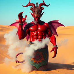 A powerful dark-red djinn with a muscular physique ascends dramatically from a beautifully ornate, colorful bottle, transforming into a swirling fog in the heart of a vast desert