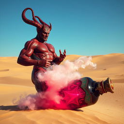 A powerful dark-red djinn with a muscular physique ascends dramatically from a beautifully ornate, colorful bottle, transforming into a swirling fog in the heart of a vast desert