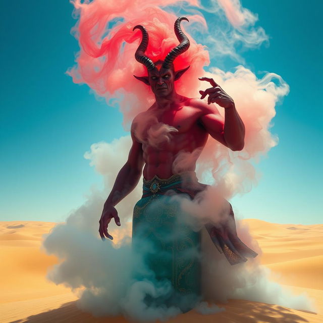 A powerful dark-red djinn with a muscular physique dramatically rises from a vividly colored, ornate bottle, transforming into a swirling fog in the heart of a vast desert