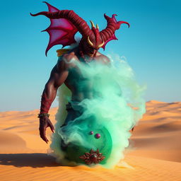 A powerful dark-red djinn with a muscular physique dramatically rises from a vividly colored, ornate bottle, transforming into a swirling fog in the heart of a vast desert